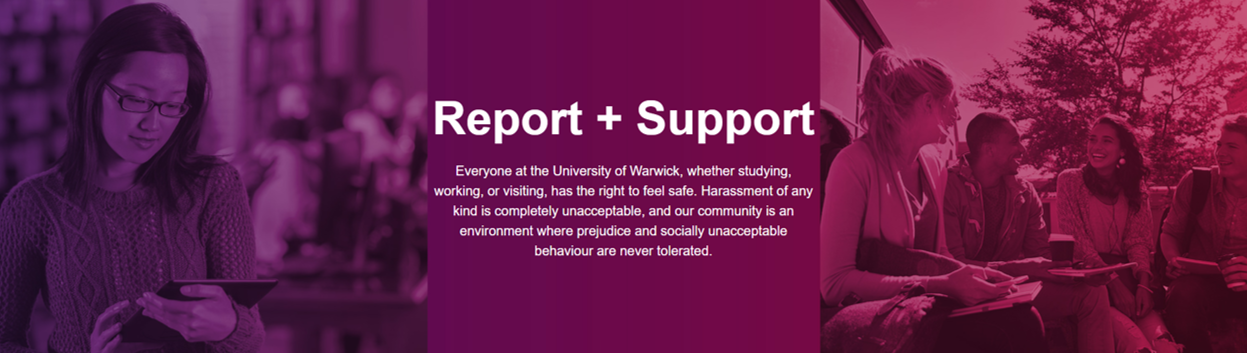Report + Support website image showing pictures of a student on a laptop and a group of students laughing.